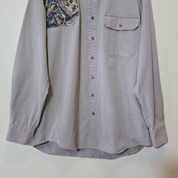 Cabelas Mens Shooting Shirt L Tall Button Up Quilted Shoulder Camo Tan Canvas - Picture 7 of 14